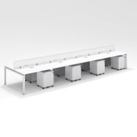 Shared Structure 8 Seater in White Color with Polycarbonate Dividers with Drawers without Mesh Chairs and Worktop W140cm x D60cm