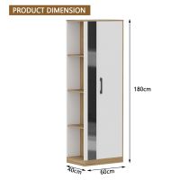Mahmayi Modern Single Door Wardrobe with 3 Open Side Shelves, Mirror and Hanging Rods Efficient Storage for Home, Bedroom Cognac Brown Sherman Oak