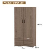 Mahmayi Modern Two Door Wardrobe with 2 Storage Drawers and Clothing Hanging Rods Truffle Brown Davos Oak Finish for Home and Bedroom Organization