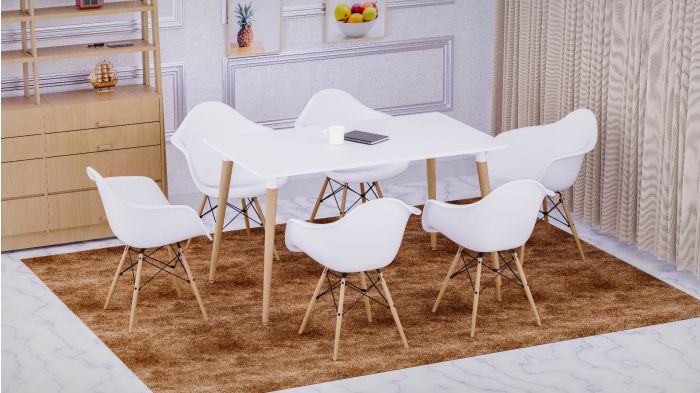 Cenare 7-Piece Dining Set for Kitchen, 140 X 80 Dining Table With 6 X DAW Arm Dining Chair - White