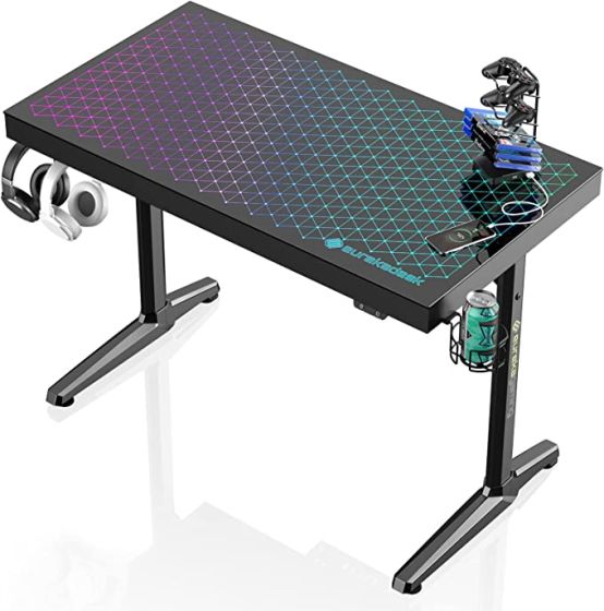 Eureka GD0064-BK 110x60 RGB Glass Top with LED Lights App Control Music Sync Color Changing Gaming Desk - Black