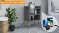 Mahmayi Modern Night Stand, Side End Table with Attached BS02 USB Charger Port and 3 Open Storage Shelf Metal Fabric Anthracite Ideal for Bedroom and Living Room