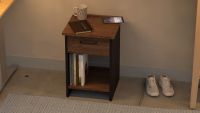 Mahmayi Modern Night Stand, Side End Table with Single Drawer and Open Storage Shelf Truffle Davos Oak and Black Ideal for Bedroom and Living Room