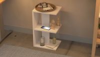 Mahmayi Modern E Shape Night Stand, Side End Table with 3 Open Storage Shelf White Ideal for Bedroom and Living Room
