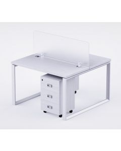 Mahmayi 2 Seater Loop Shared Structure in White color with Polycarbonate Divider, with Drawer & without Mesh Chair  - W100cm X D75cm Each Worktop Size