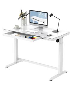Modern Standing Desk with Height-Adjustability Glass Top Feature with USB Charging - White