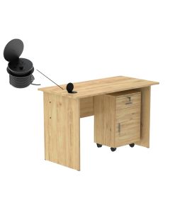 Mahmayi MP1 100x60 Writing Table with Drawers - Oak with 51-1H Round Desktop Power Module with USB Slot for Office Desk - Black