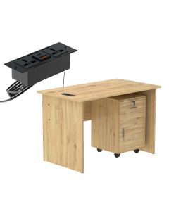 Mahmayi MP1 100x60 Writing Table with Drawers - Oak with Black BS01 Desktop Socket with USB AC Port for Office, Home, and Meeting Room 17 cm