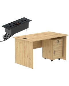 Mahmayi MP1 140x80 Writing Table with Drawers - Oak with Black BS01 Desktop Socket with USB AC Port for Office, Home, and Meeting Room 17 cm
