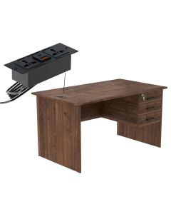 Mahmayi MP1 140x80 Writing Table with Hanging Pedestal - Brown with Black BS01 Desktop Socket with USB AC Port for Office, Home, and Meeting Room 17 cm
