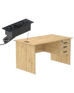 Mahmayi MP1 140x80 Writing Table with Hanging Pedestal - Oak with Black BS01 Desktop Socket with USB AC Port for Office, Home, and Meeting Room 17 cm