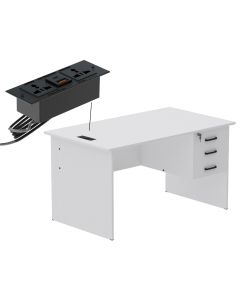 Mahmayi MP1 140x80 Writing Table with Hanging Pedestal - White with Black BS01 Desktop Socket with USB AC Port for Office, Home, and Meeting Room 17 cm