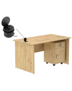 Mahmayi MP1 140x80 Writing Table with Drawers - Oak with 51-1H Round Desktop Power Module with USB Slot for Office Desk - Black