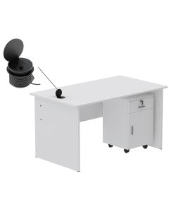 Mahmayi MP1 140x80 Writing Table with Drawers - White with 51-1H Round Desktop Power Module with USB Slot for Office Desk - Black