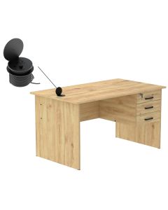 Mahmayi MP1 140x80 Writing Table with Hanging Pedestal - Oak with 51-1H Round Desktop Power Module with USB Slot for Office Desk - Black