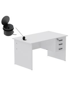 Mahmayi MP1 140x80 Writing Table with Hanging Pedestal - White with 51-1H Round Desktop Power Module with USB Slot for Office Desk - Black