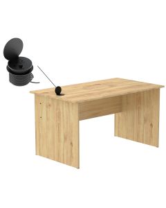 Mahmayi MP1 140x80 Writing Table Without Drawers - Oak with 51-1H Round Desktop Power Module with USB Slot for Office Desk - Black