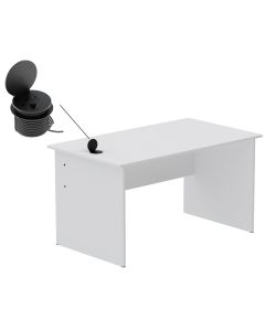 Mahmayi MP1 140x80 Writing Table Without Drawers - White with 51-1H Round Desktop Power Module with USB Slot for Office Desk - Black