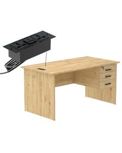 Mahmayi MP1 160x80 Writing Table with Hanging Pedestal - Oak with Black BS01 Desktop Socket with USB AC Port for Office, Home, and Meeting Room 17 cm