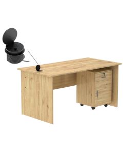 Mahmayi MP1 160x80 Writing Table with Drawers - Oak with 51-1H Round Desktop Power Module with USB Slot for Office Desk - Black