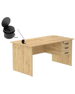 Mahmayi MP1 160x80 Writing Table with Hanging Pedestal - Oak with 51-1H Round Desktop Power Module with USB Slot for Office Desk - Black
