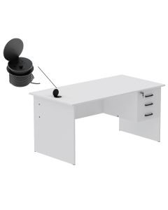 Mahmayi MP1 160x80 Writing Table with Hanging Pedestal - White with 51-1H Round Desktop Power Module with USB Slot for Office Desk - Black