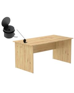 Mahmayi MP1 160x80 Writing Table Without Drawers - Oak with 51-1H Round Desktop Power Module with USB Slot for Office Desk - Black