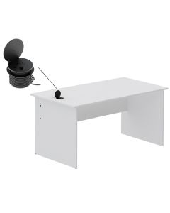Mahmayi MP1 160x80 Writing Table Without Drawers - White with 51-1H Round Desktop Power Module with USB Slot for Office Desk - Black