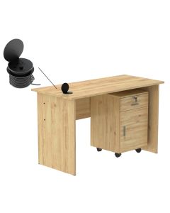 Mahmayi MP1 120x60 Writing Table With Drawers - Oak with 51-1H Round Desktop Power Module with USB Slot for Office Desk - Black