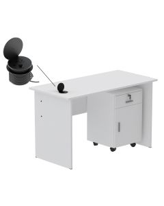 Mahmayi MP1 120x60 Writing Table With Drawers - White with 51-1H Round Desktop Power Module with USB Slot for Office Desk - Black