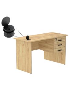 Solama MP1-1260 Writing Table with Hanging Drawers - Oak with 51-1H Round Desktop Power Module with USB Slot for Office Desk - Black