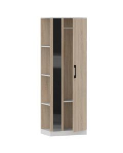 Mahmayi Modern Single Door Wardrobe with 3 Open Side Shelves, Mirror and Hanging Rods Efficient Storage for Home, Bedroom Grey Bardolino Oak