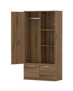 Mahmayi Modern Two Door Wardrobe with 2 Storage Drawers and Clothing Hanging Rods Cognac Brown Sherman Oak Finish for Home and Bedroom Organization
