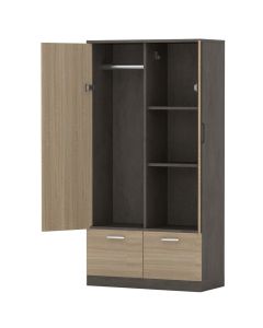 Mahmayi Modern Two Door Wardrobe with 2 Storage Drawers and Clothing Hanging Rods Dark Grey Chicago Concrete and Grey Bardolino Oak Finish for Home and Bedroom Organization