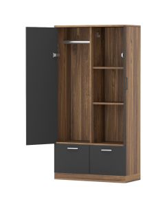 Mahmayi Modern Two Door Wardrobe with 2 Storage Drawers and Clothing Hanging Rods Dark Hunton Oak and Lava Grey Finish for Home and Bedroom Organization