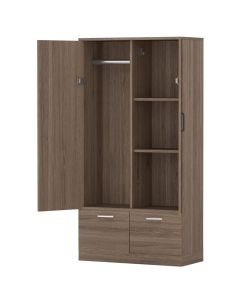 Mahmayi Modern Two Door Wardrobe with 2 Storage Drawers and Clothing Hanging Rods Truffle Brown Davos Oak Finish for Home and Bedroom Organization