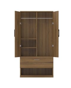 Mahmayi Modern Two Door Wardrobe with Drawer, Shoe Rack, and Ample Hanging Space Cognac Brown Sherman Oak Monotone Ideal for Bedroom Organization and Storage
