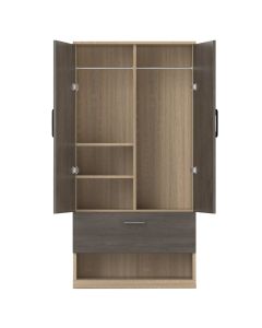 Mahmayi Modern Two Door Wardrobe with Drawer, Shoe Rack, and Ample Hanging Space Dark Grey Chicago Concrete and Grey Bardolino Oak Ideal for Bedroom Organization and Storage