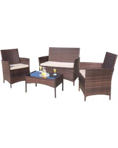Mahmayi Modern Set of 4 Ratan Outdoor Seating and Table, Comfortable, Durable Patio Furniture Brown and Beige for Living Room, Backyard, Garden, Poolside