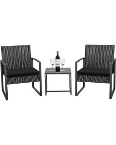 Mahmayi Modern Set of 3 Ratan Outdoor Chair Seating and Table, Comfortable, Durable Patio Furniture Black for Living Room, Backyard, Garden, Poolside