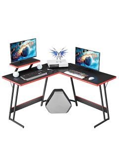 Mahmayi L Shaped Computer Desk, PC Gaming Corner Desk Table with Large Monitor Riser Stand, Writing Workstation Black for Home, Office, Gaming Station