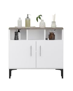 Mahmayi Modern Multifunctional Medium Height Cabinet with 2 Door Storage and 3 Open Shelf Dark Grey Chicago Concrete and Premium White Ideal for Hallway, Living Room, Kitchen, Bedroom