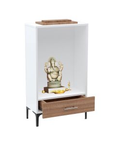 Mahmayi Modern Wooden Mandir, Temple with Single Drawer for Keeping Pooja Essentials Steel Legs Brown Arizona Oak Ideal for Home, Office, Temple