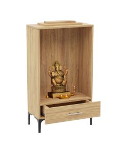 Mahmayi Modern Wooden Mandir, Temple with Single Drawer for Keeping Pooja Essentials Steel Legs Brown Kansas Oak Ideal for Home, Office, Temple