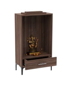 Mahmayi Modern Wooden Mandir, Temple with Single Drawer for Keeping Pooja Essentials Steel Legs Truffle Brown Branson Robinia Ideal for Home, Office, Temple