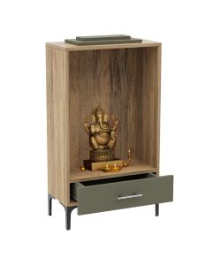 Mahmayi Modern Wooden Mandir, Temple with Single Drawer for Keeping Pooja Essentials Steel Legs Vintage Santa Fe Oak and Lava Grey Ideal for Home, Office, Temple