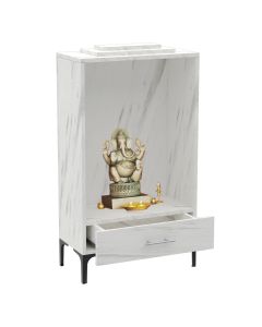 Mahmayi Modern Wooden Mandir, Temple with Single Drawer for Keeping Pooja Essentials Steel Legs White Levanto Marble Ideal for Home, Office, Temple