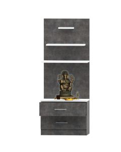 Mahmayi Modern Wooden Mandir, Temple with 2 Drawers and 3 Shelves for Keeping Pooja Essentials, Small Idols Metal Fabric Anthracite Ideal for Home, Office, Temple