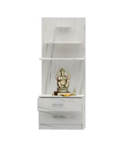 Mahmayi Modern Wooden Mandir, Temple with 2 Drawers and 3 Shelves for Keeping Pooja Essentials, Small Idols White Levanto Marble Ideal for Home, Office, Temple
