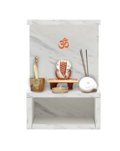 Mahmayi Modern Wooden Small Mandir, Temple with Single Open Shelf for Small Spaces White Levanto Marble Ideal for Home, Office, Temple